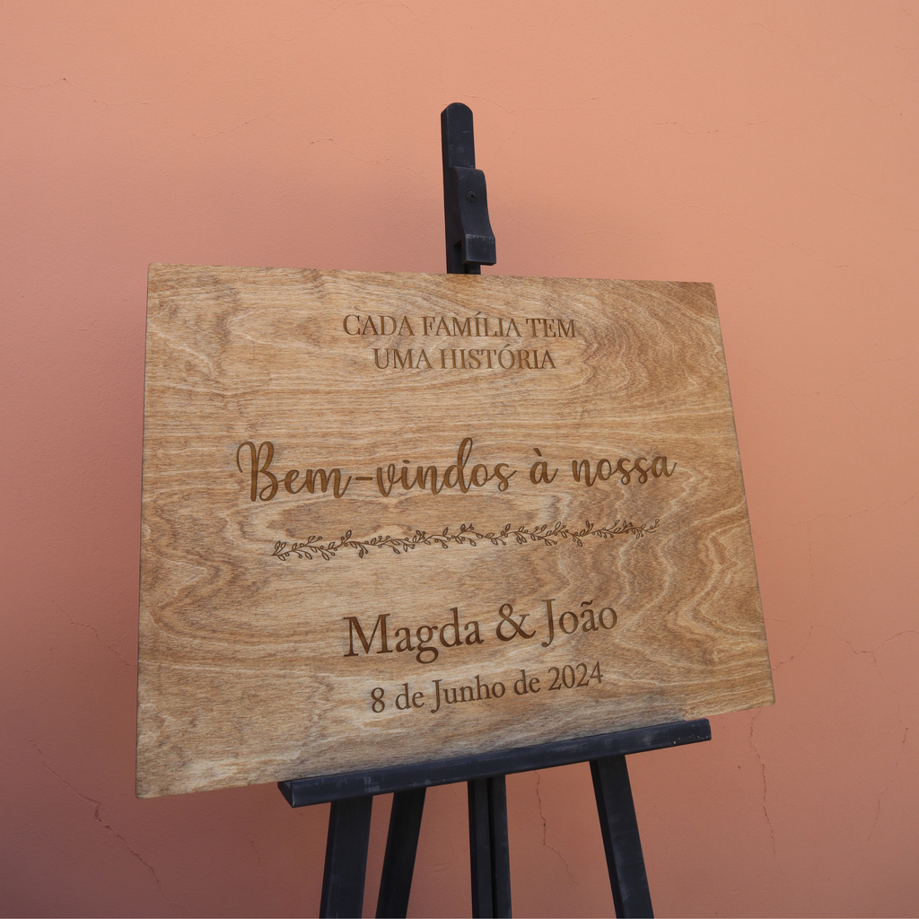 Placa de boas-vindas em madeira rústica